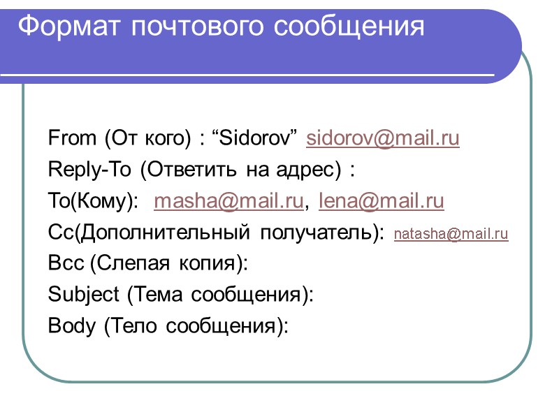 Формат почтового сообщения  From (От кого) : “Sidorov” sidorov@mail.ru  Reply-To (Ответить на